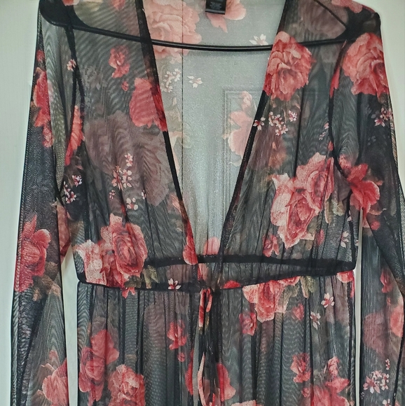Rue 21 Black Rose Print Mesh Drawstring Kimono-L - Picture 2 of 3